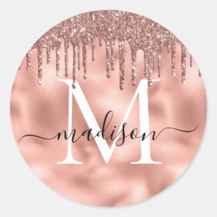 Sticker Rond Rose métallique Monogramme Parties scintillant ros