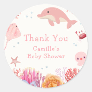 Sticker Rond Rose mignonne sous le Baby shower Dolphin de mer f