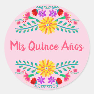 Sticker Rond Rose Mis Quince Anos Fleurs Mexicaines Fiesta