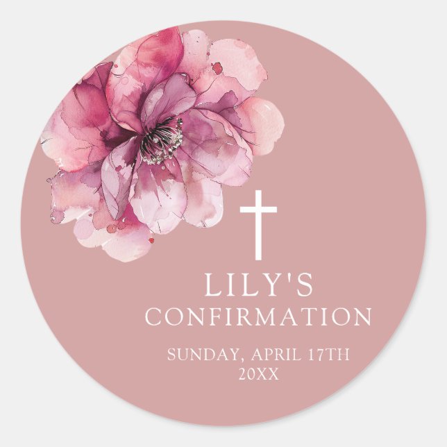Sticker Rond Rose Moderne Élégant Fleurs Aquarelle Confirmation (Devant)