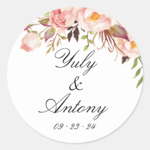 Sticker Rond Rose moderne et Mariage d'aquarelle Peach
