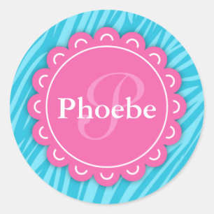 Sticker Rond Rose Moderne Fleur Monogramme Aqua Blue Zebra Impr