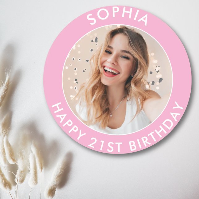 Sticker Rond Rose moderne mignonne fille heureux 21e anniversai (Pink Modern Cute Girl Happy 21st Birthday Photo Classic Round Sticker)
