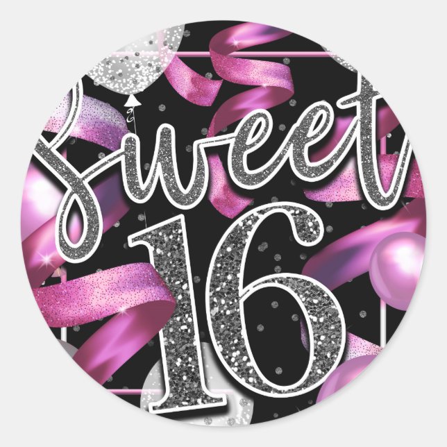 Sticker Rond Rose Noir Argent Faux Paillettes Regard Douce 16 (Devant)