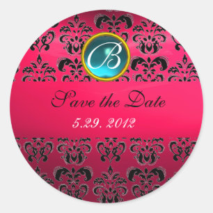 Sticker Rond ROSE NOIR DAMASK MONOGRAM, rubis rouge, bleu fuchs