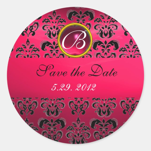 Sticker Rond ROSE NOIR DAMASK MONOGRAM, rubis rouge, fuchsia (Devant)