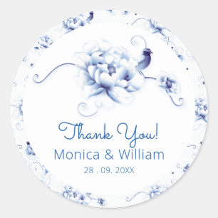 Sticker Rond Rose Oiseau Bleu Chinoiserie Florale