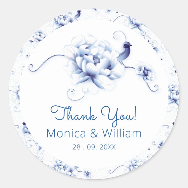 Sticker Rond Rose Oiseau Bleu Chinoiserie Florale (Devant)