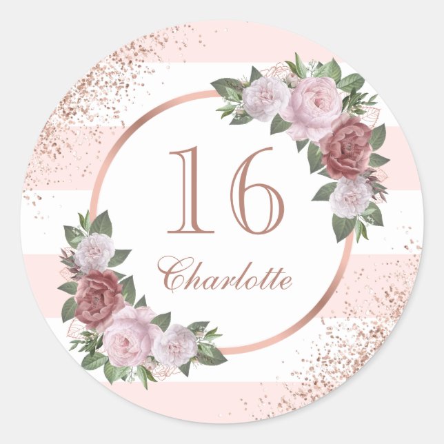 Sticker Rond Rose Or Blush rose Floral Sweet 16 Anniversaire (Devant)
