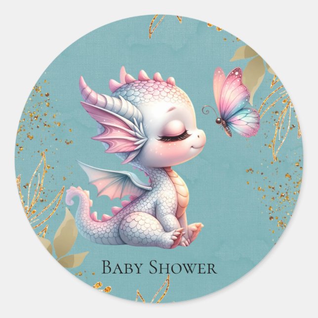 Sticker Rond Rose Or Floral Dragon Papillon Girl Baby Douche (Devant)