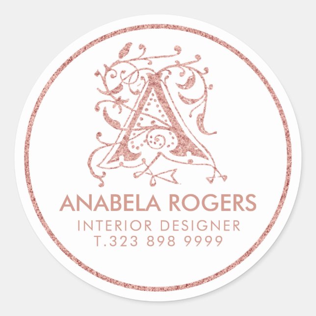 Sticker Rond Rose-Or Floral Frotles Échantillon Monogramme (Devant)