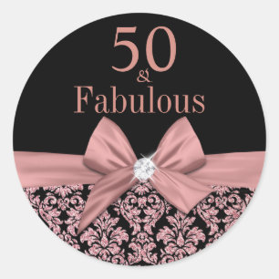 Sticker Rond Rose or parties scintillant damask 50e Anniversair
