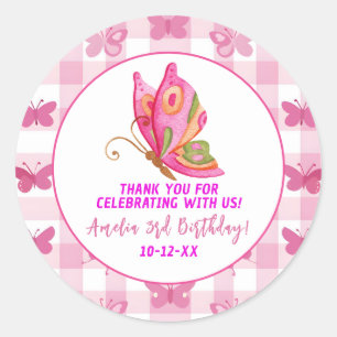 Sticker Rond Rose or violet élégant papillon fille anniversaire