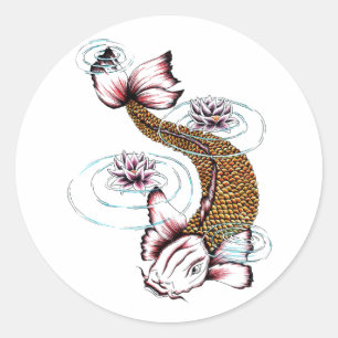 Sticker Rond Rose oriental frais Lotus de poissons de carpe de