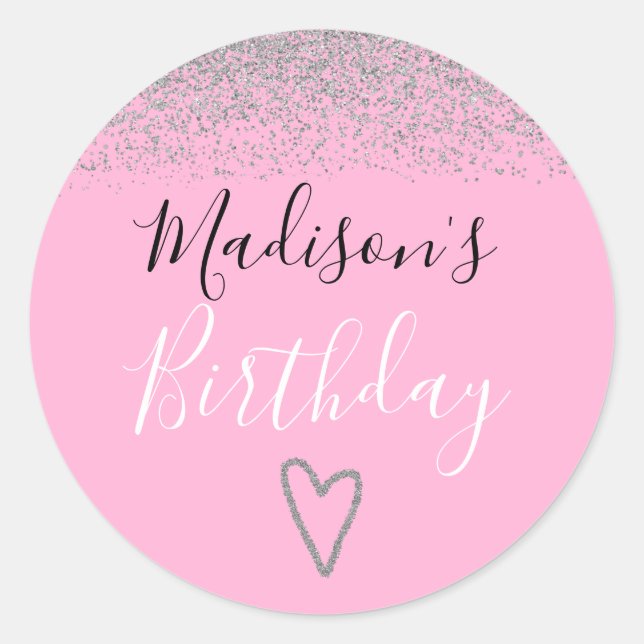 Sticker Rond Rose Pailleté Argent Anniversaire Fille (Devant)