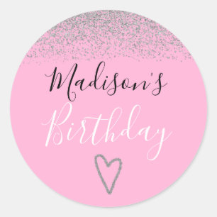 Sticker Rond Rose Pailleté Argent Anniversaire Fille