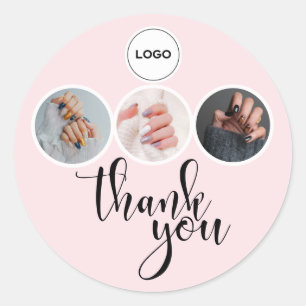 Sticker Rond Rose Pâle Blanc 3 Photo Logo Technicien Ongles Mer