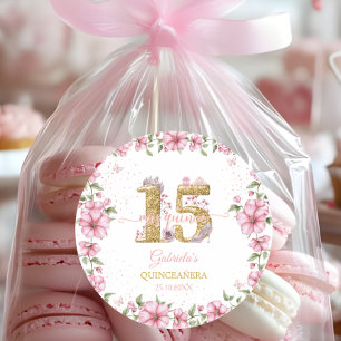 Sticker Rond Rose Pâle Doré Mis Quince Quinceañera 