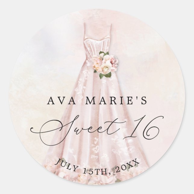 Sticker Rond Rose Pâle Floral Douce 16e Anniversaire Classique (Devant)