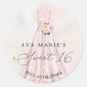 Sticker Rond Rose Pâle Floral Douce 16e Anniversaire Classique