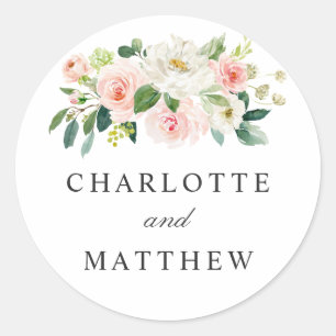 Sticker Rond Rose Pâle Floral Noms des Mariés