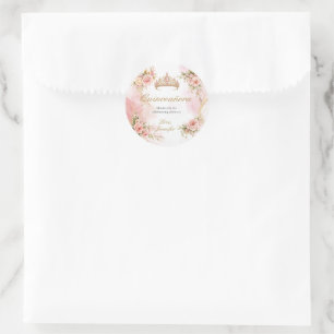 Sticker Rond Rose Pâle Floral Or Quinceañera