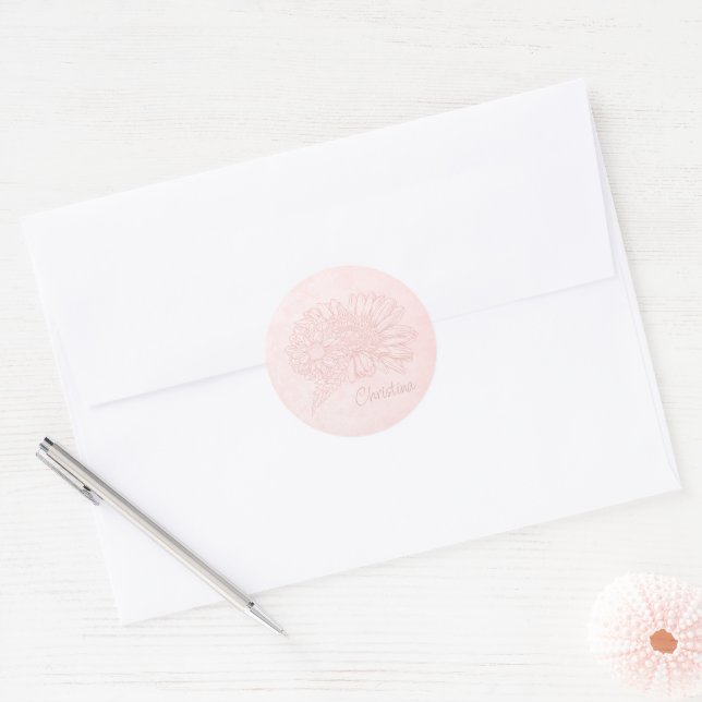 Sticker Rond Rose Pâle Grunge avec Nom et Chrysanthèmes (Enveloppe)