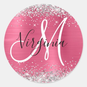 Sticker Rond Rose Pâle Ombré Paillettes Argent Monogramme