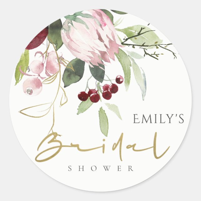 STICKER ROND ROSE PÂLE PROTEA FLORAL BURGUNDY MARIAGE (Devant)