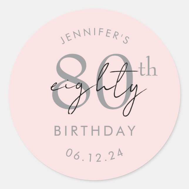 Sticker Rond Rose Pâle Script Moderne Argent pour 80e Anniversa (Devant)