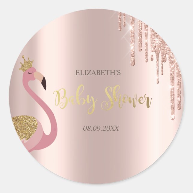 Sticker Rond Rose Parties scintillant or   Baby shower Flamant  (Devant)