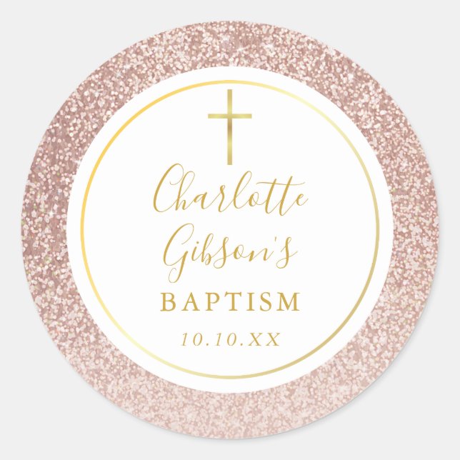 Sticker Rond Rose Parties scintillant or Baptême Christening (Devant)