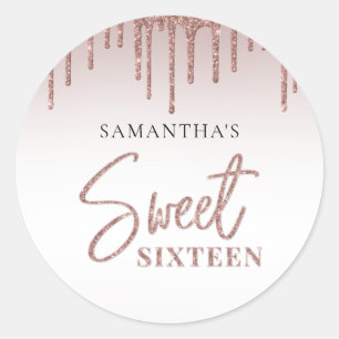 Sticker Rond Rose Parties scintillant or Drip Script Sweet 16 A