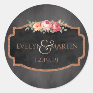 Sticker Rond Rose Parties scintillant or Floral Chalkboard Mari