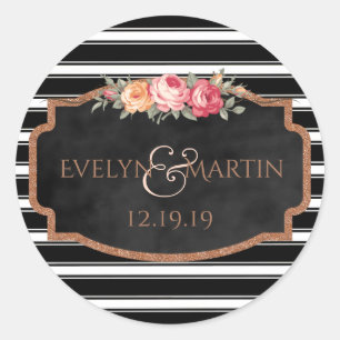 Sticker Rond Rose Parties scintillant or Monogramme Floral Mari