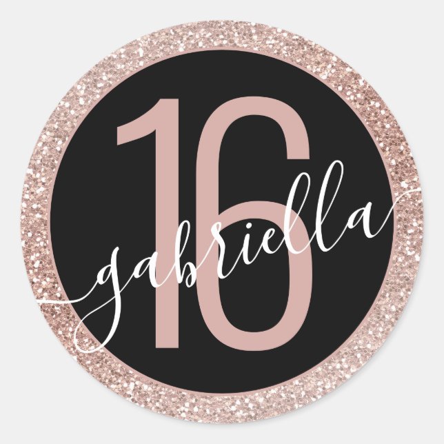 Sticker Rond Rose Parties scintillant or Ombre noir Anniversair (Devant)