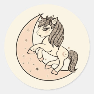 Sticker Rond Rose Pêche Blush Céleste Lune et Étoiles Licorne