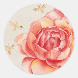 Sticker Rond Rose peinte à la main avec abeilles dorées sur fon