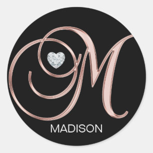 Sticker Rond Rose personnalisé Coeur d'or Lettre monogramme M