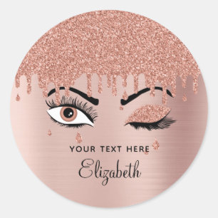 Sticker Rond Rose Pink Gold Eyelashes Dripping Glitter