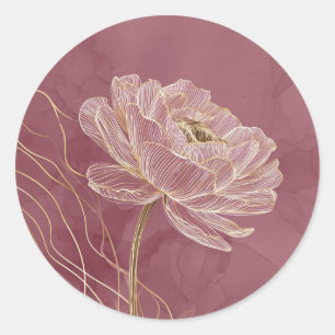Sticker Rond Rose Poussiéreuse Or Floral Line Art Élégant
