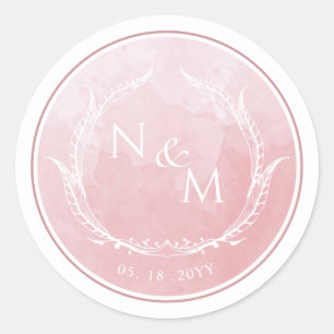 Sticker Rond Rose poussiéreux Aquarelle Monogramme Enveloppe Sc