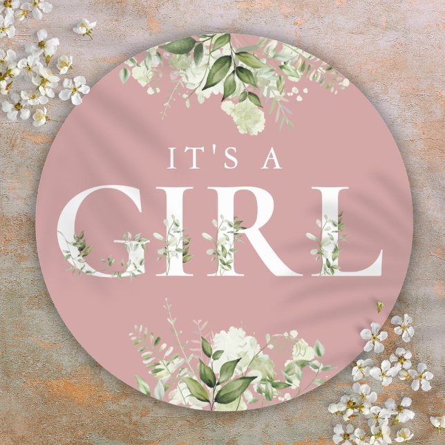 Sticker Rond Rose Poussiéreux C'est Une Fille Florale Baby Show (Dusty Rose Its A Girl Greenery Floral Baby Shower Classic Round Sticker)