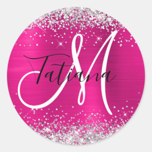 Sticker Rond Rose profond ombré paillettes argent monogramme