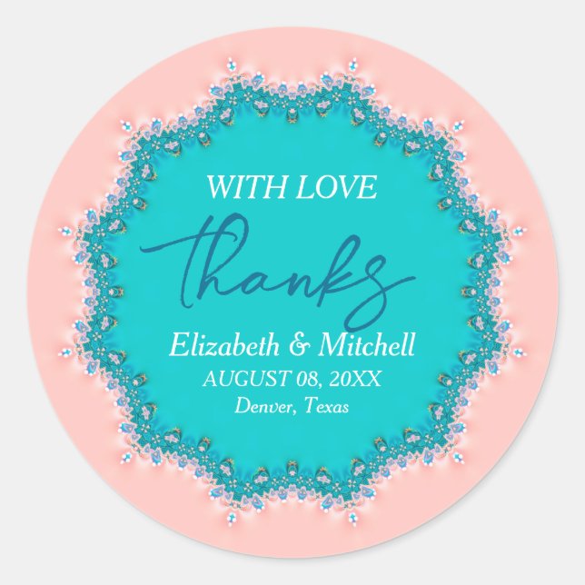 Sticker Rond Rose rose + Aqua sarcelle dentelle Merci (Devant)