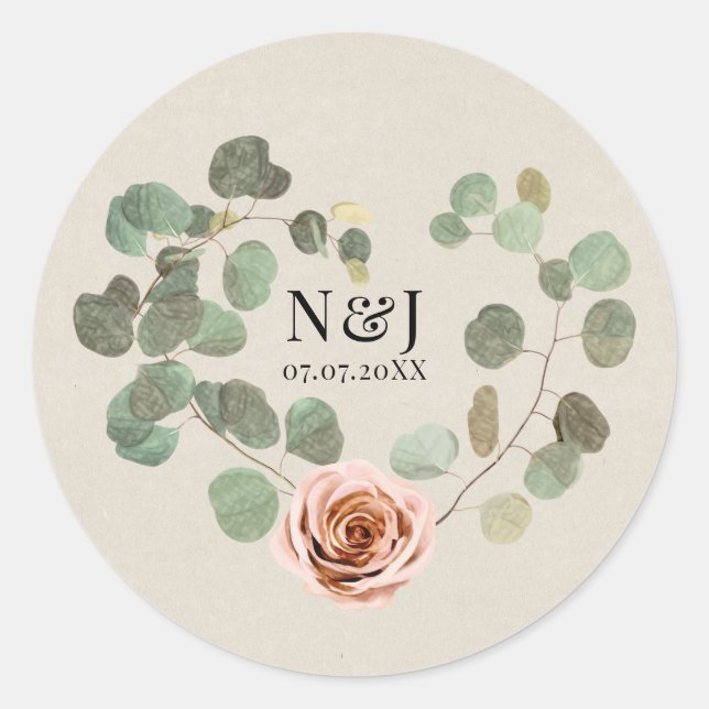 Sticker Rond Rose rose et Eucalyptus Coeur Rustique Mariage (Devant)