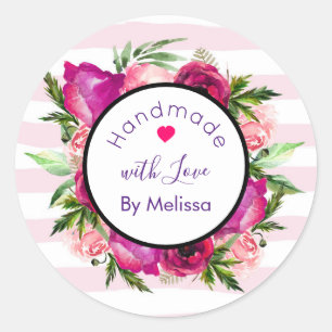 Sticker Rond Rose rose et Pavot Floral Design artisanal avec am