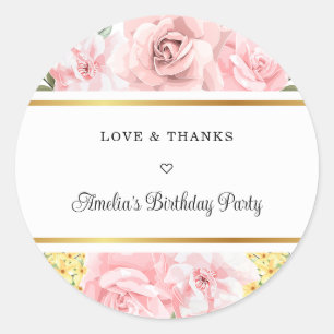 Sticker Rond Rose Rose Floral Amour Et Merci Fête Anniversaire