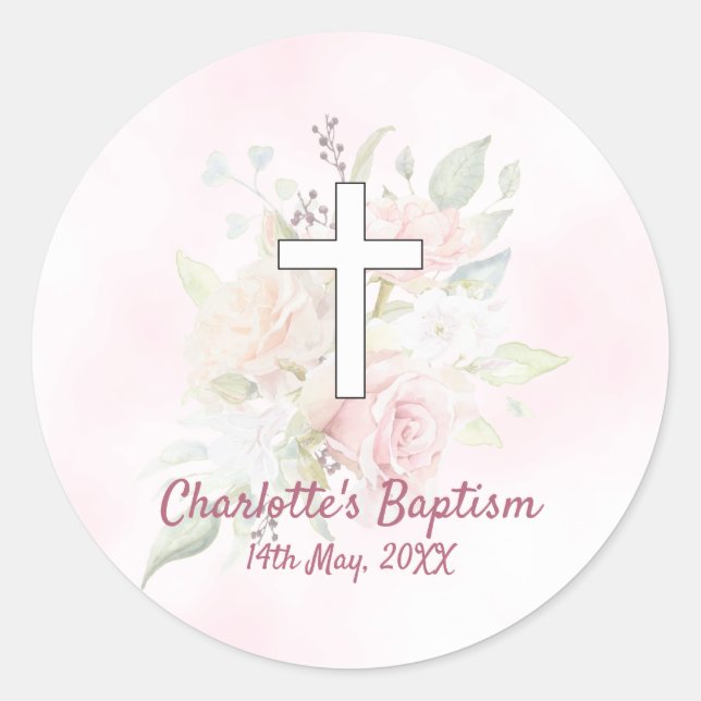Sticker Rond Rose rose floral fille Baptême (Devant)