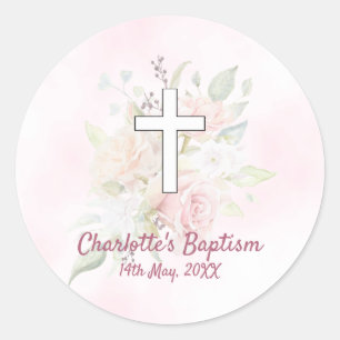 Sticker Rond Rose rose floral fille Baptême